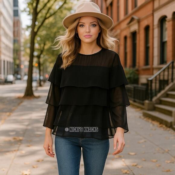 Hayden LA Black Tiered Pleated Ruffle Blouse Mesh 3/4 Sleeve Top Size M - Picture 1 of 9
